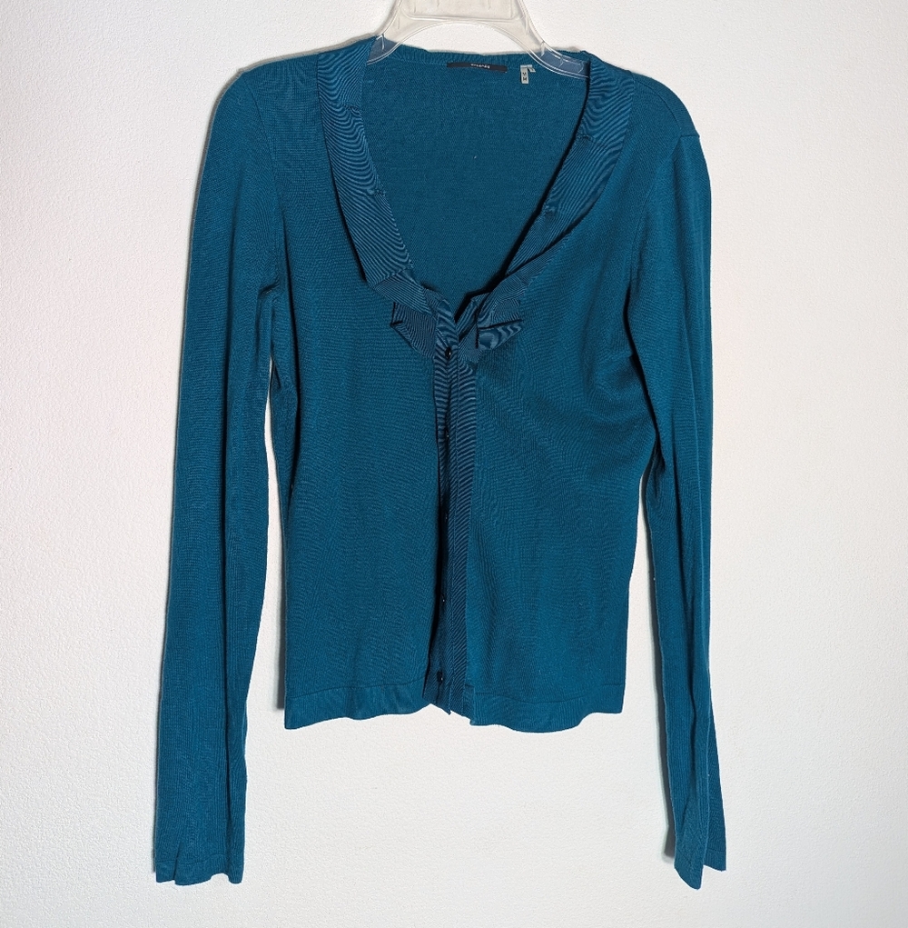 Tahari Womens Cardigan Sweater Teal Green Quiet Luxury Jewel Tone‎ Ribbon Medium